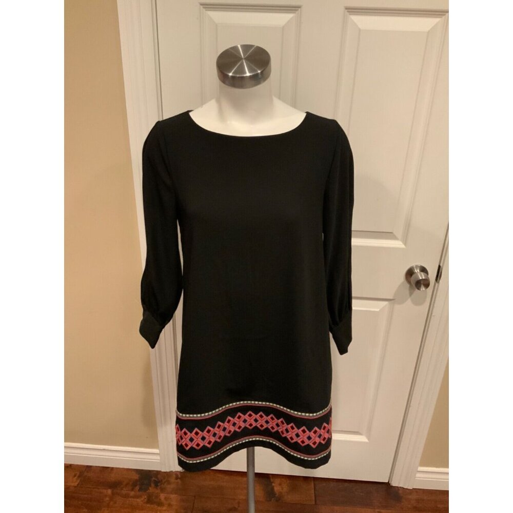Anna Cate Black Shift Dress W/ Multicolor Geometric Embroidery Size XS